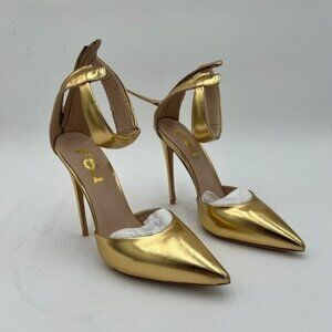 FSJ Gold D'Orsay Pumps Pointed Toe High Heels Buckle Ankle Strap Dress Shoes